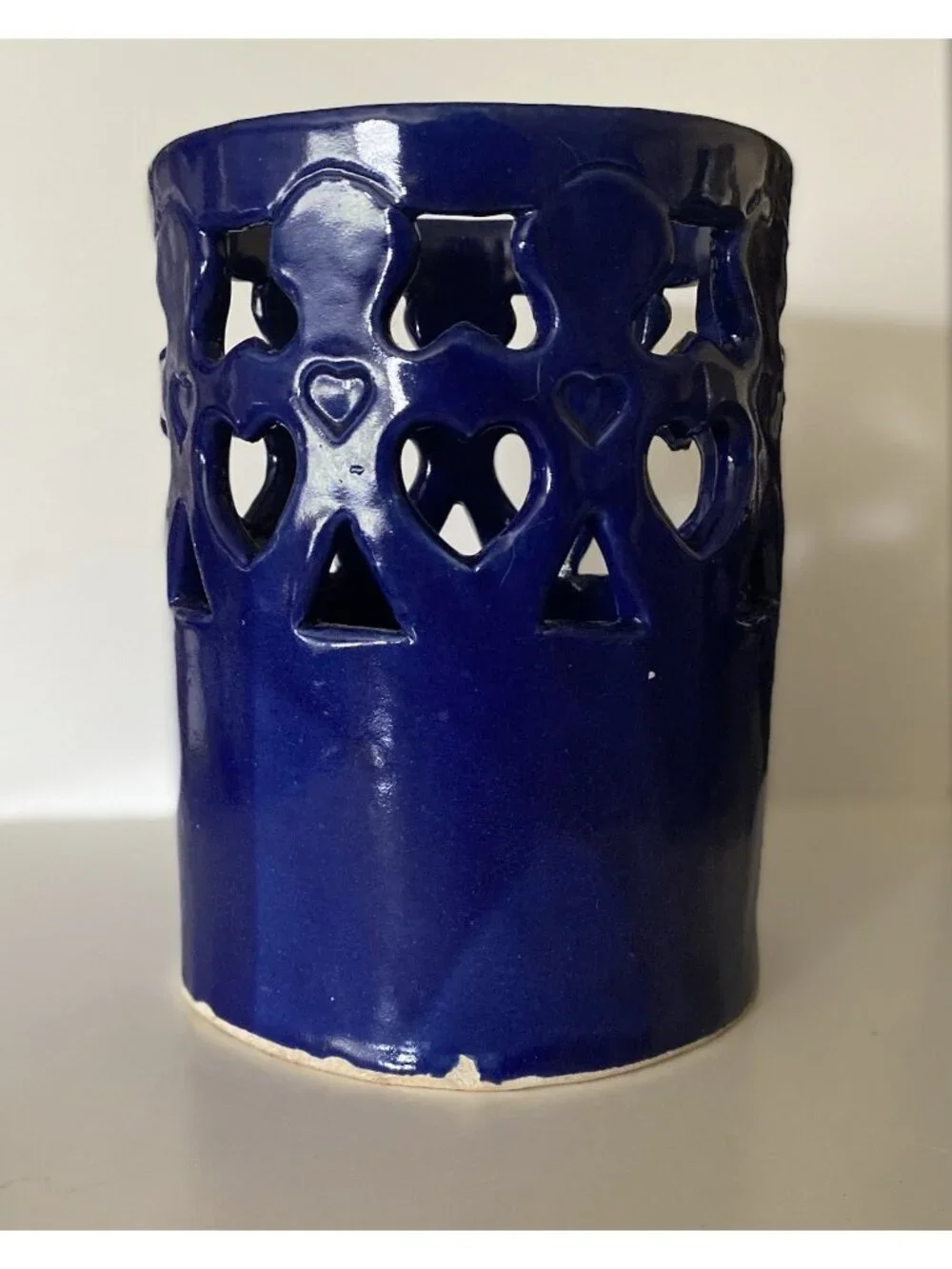 Vtg Signed Studio Pottery Cobalt Kitchen Utensil Holder Cutout Children Hearts